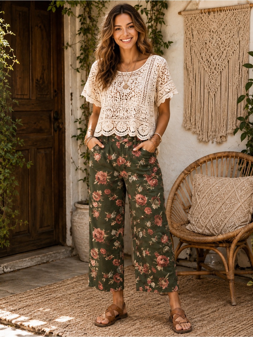 LOVEIMGS Wide Leg Floral Denim Jeans – Army Green – NWT - A1
